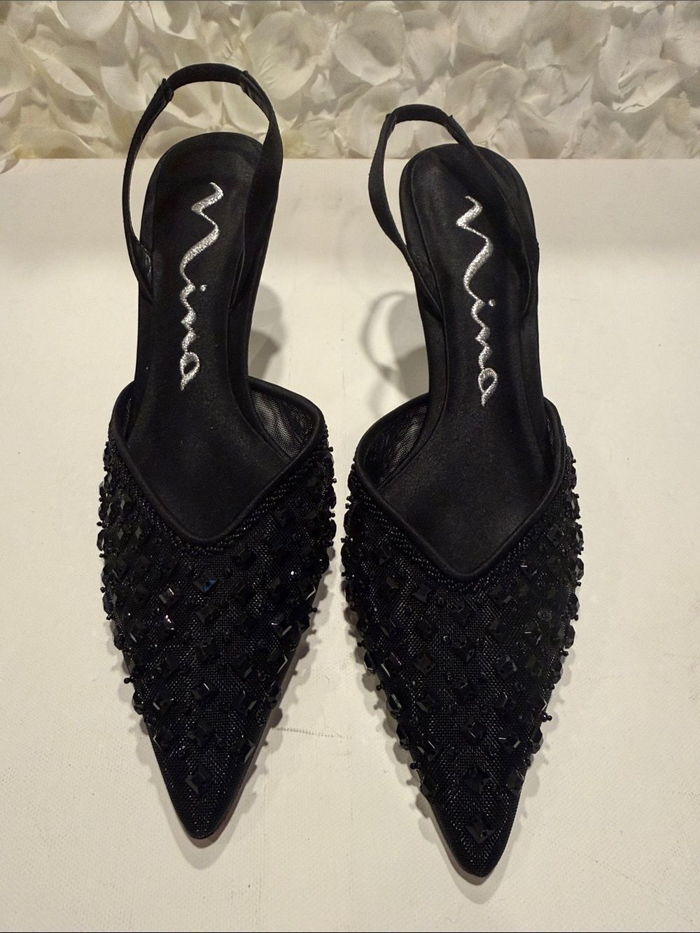 Nina Black Beaded Pointed-Toe Slingback Mules